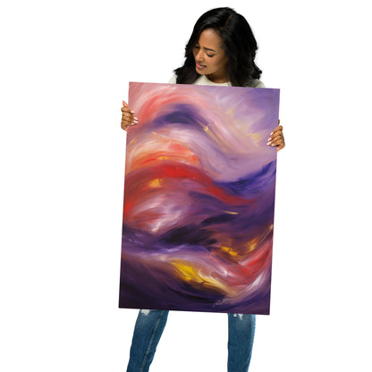 “Swept Away” — abstract fine art Giclée print on metal by Bereniche Aguiar, featuring fluid waves of purple, red, and yellow light.