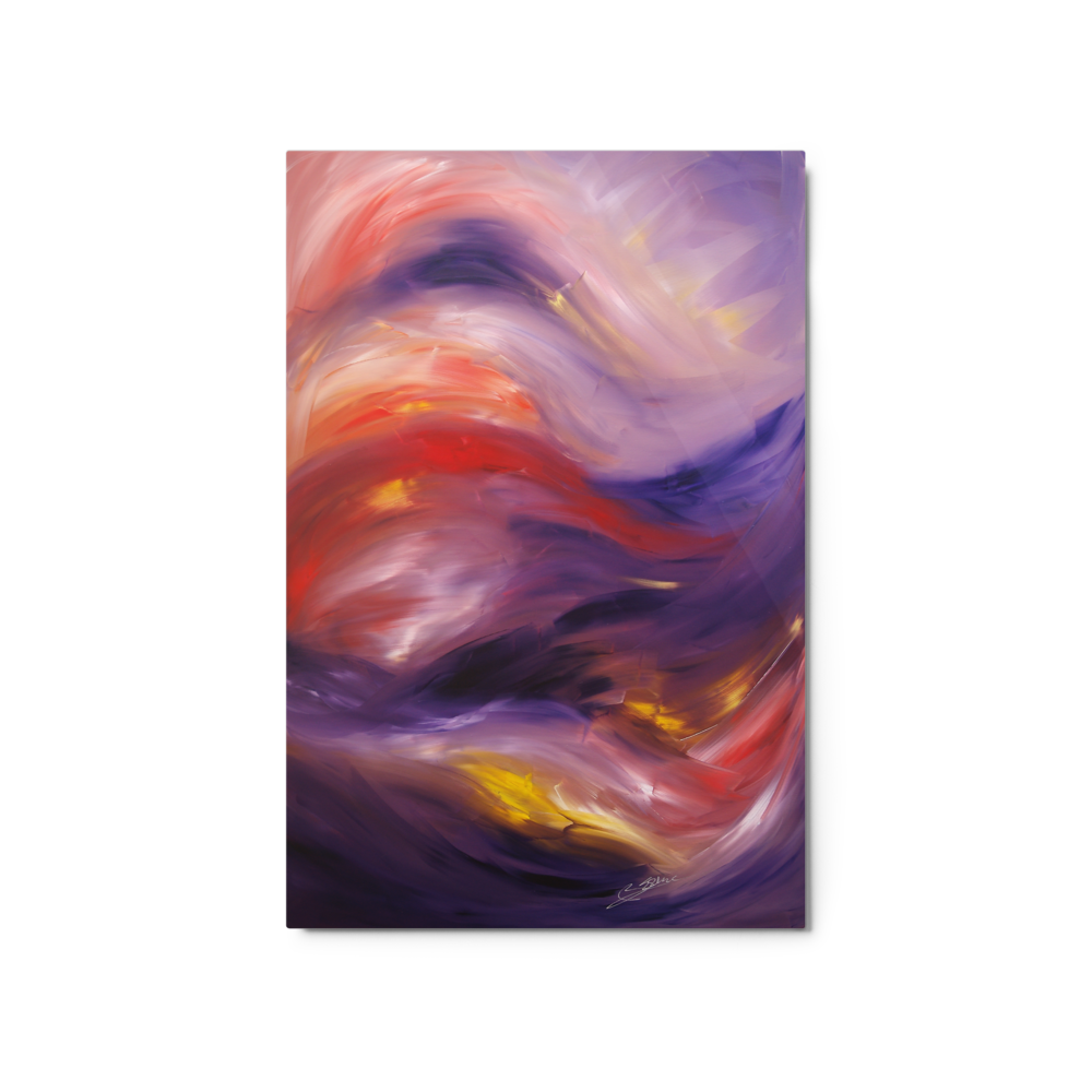 “Swept Away” — abstract fine art Giclée print on metal by Bereniche Aguiar, featuring fluid waves of purple, red, and yellow light.