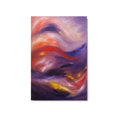 “Swept Away” — abstract fine art Giclée print on metal by Bereniche Aguiar, featuring fluid waves of purple, red, and yellow light.