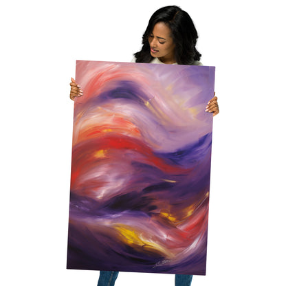 “Swept Away” — Abstract fine art Giclée print on metal by Bereniche Aguiar, featuring vivid purples, blues, reds, and golden hues in flowing motion.