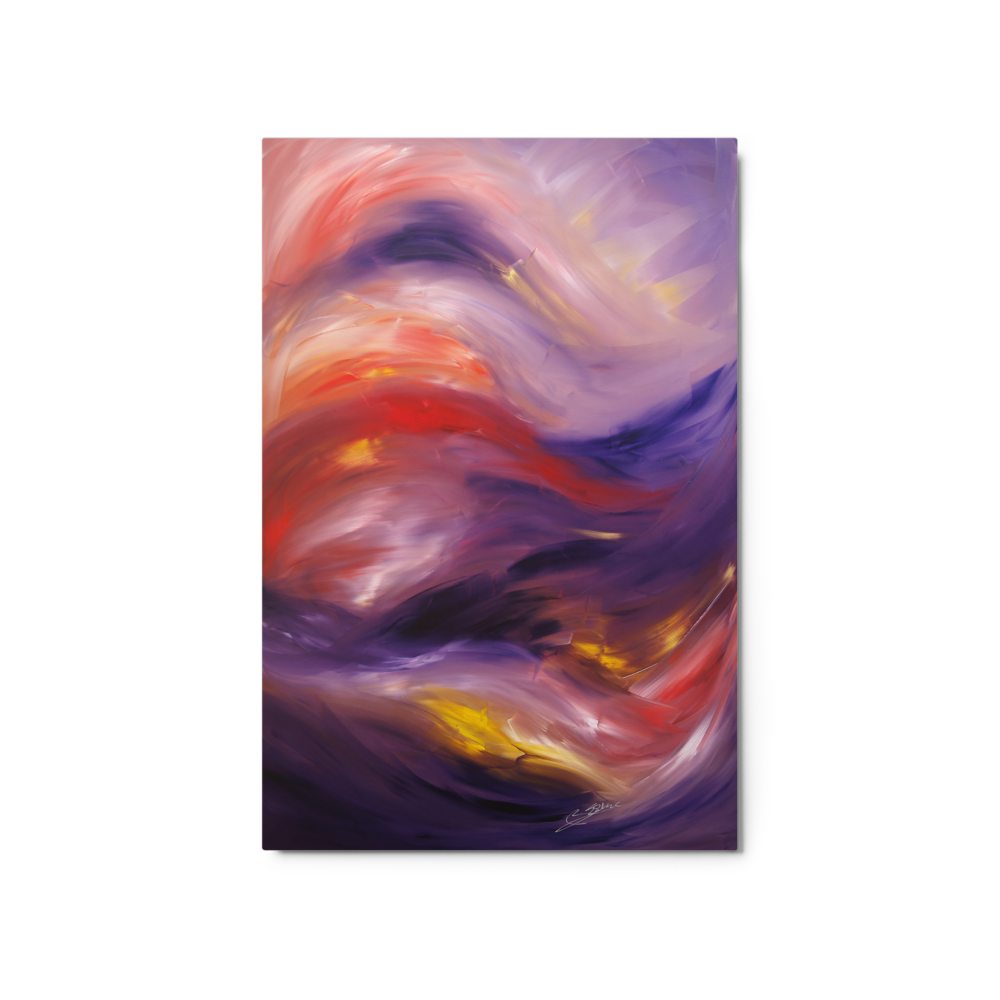 “Swept Away” — abstract fine art Giclée print on metal by Bereniche Aguiar, featuring fluid waves of purple, red, and yellow light.