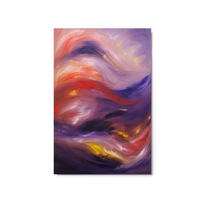 “Swept Away” — abstract fine art Giclée print on metal by Bereniche Aguiar, featuring fluid waves of purple, red, and yellow light.