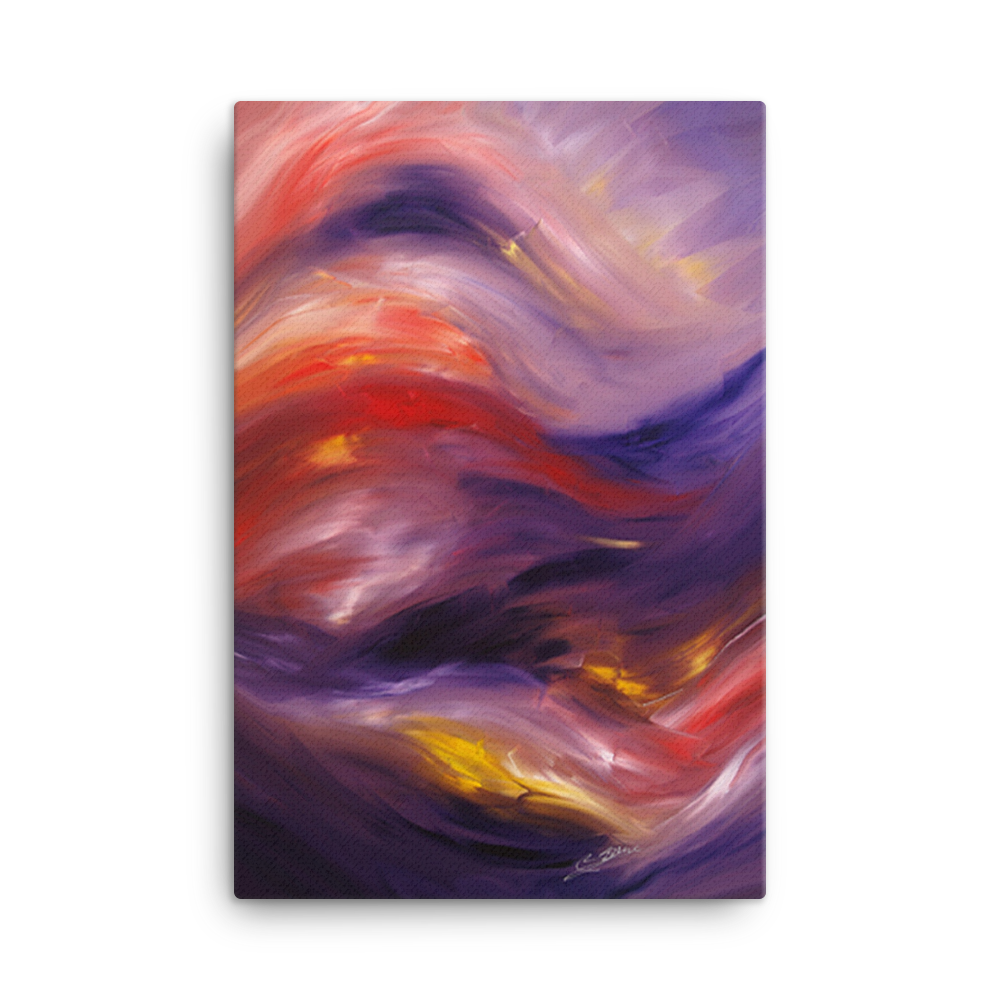 “Swept Away” — fine art Giclée on canvas by Bereniche Aguiar, with swirling purples, reds, and gold tones.