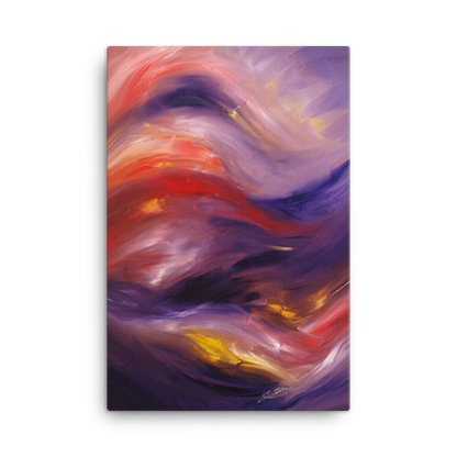 “Swept Away” — fine art Giclée on canvas by Bereniche Aguiar, with swirling purples, reds, and gold tones.