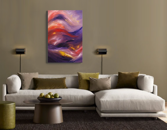 “Swept Away” — fine art Giclée on canvas by Bereniche Aguiar, with swirling purples, reds, and gold tones.