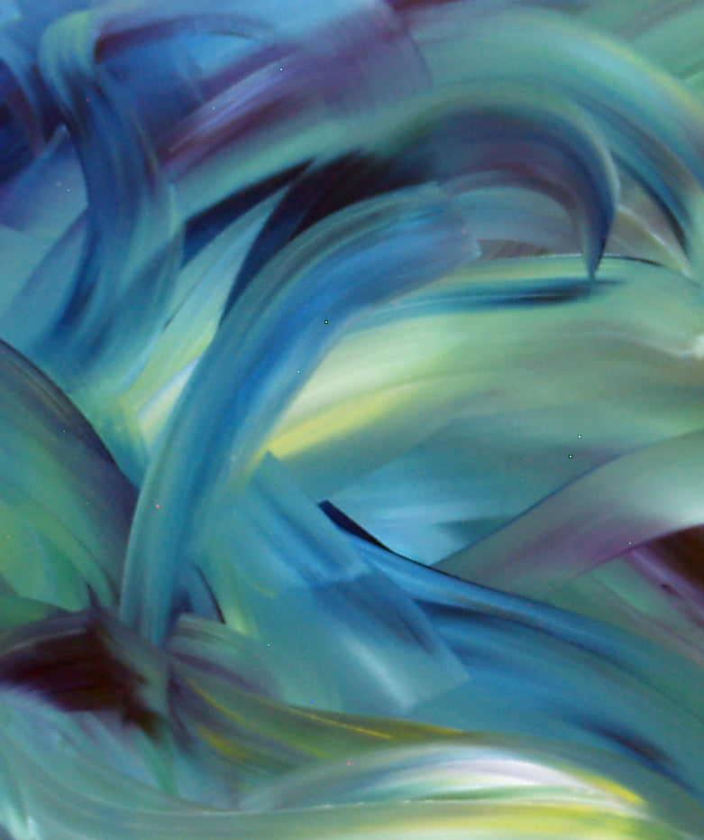 Abstract expressionist painting “Captive Wave” by Bereniche Aguiar, featuring sweeping strokes of deep purple, indigo, green, and blue, evoking the ocean’s undercurrent movement. Jungle Vision Collection.
