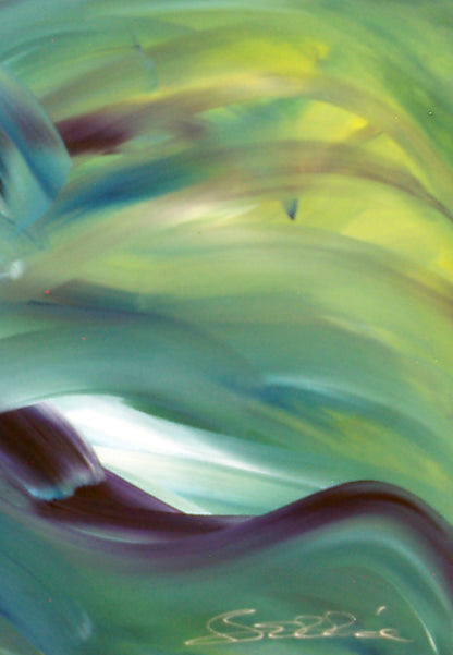 Abstract expressionist painting “Captive Wave” by Bereniche Aguiar, featuring sweeping strokes of deep purple, indigo, green, and blue, evoking the ocean’s undercurrent movement. Jungle Vision Collection.