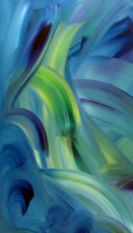 Abstract expressionist painting “Captive Wave” by Bereniche Aguiar, featuring sweeping strokes of deep purple, indigo, green, and blue, evoking the ocean’s undercurrent movement. Jungle Vision Collection.