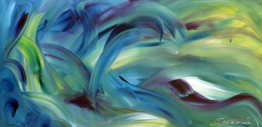 Abstract fine art painting “Captive Wave” by Bereniche Aguiar — deep violet, cerulean, and white tones evoking oceanic movement and emotional depth.