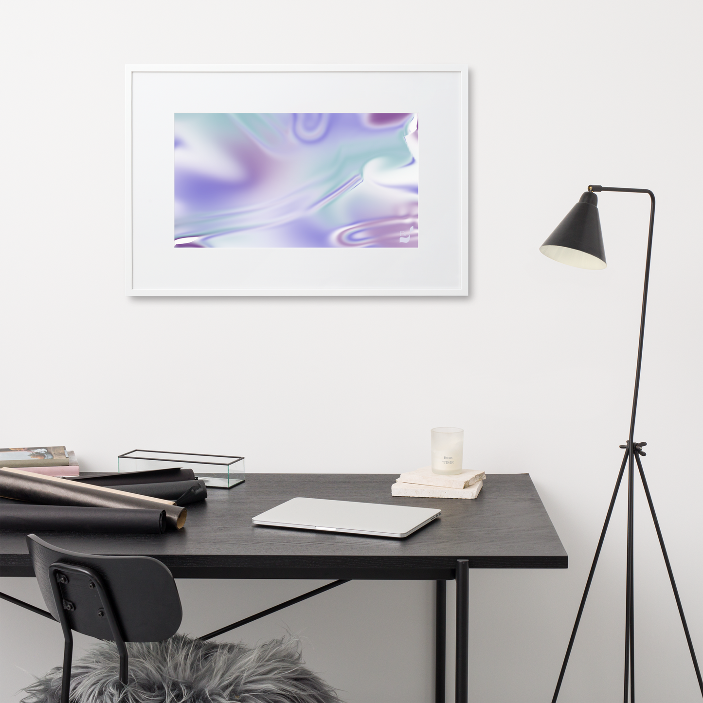 Blue Haze BeSculpt Abstract Wall Art with White Matboard and White Framed Horizontal